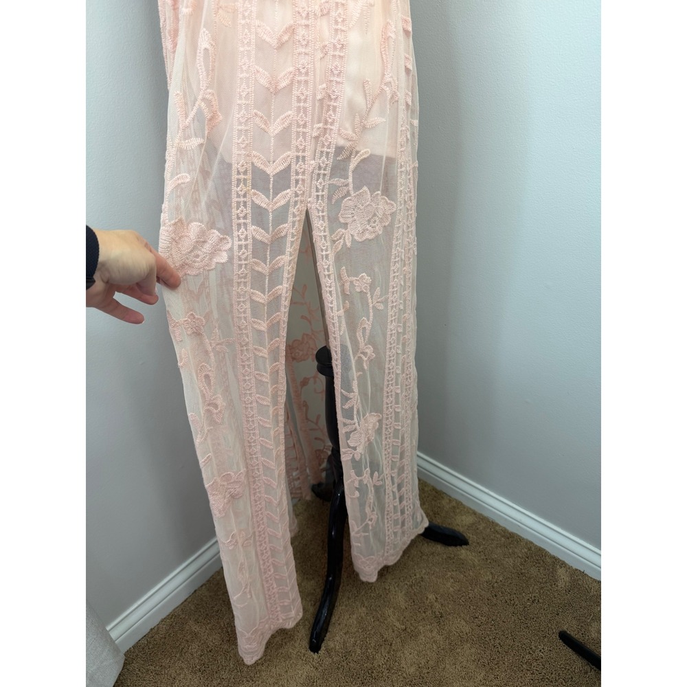 GB Gianni Bini Pink Lace Floral Embroidered Maxi Dress Romper Lining XS Boho - Picture 4 of 16